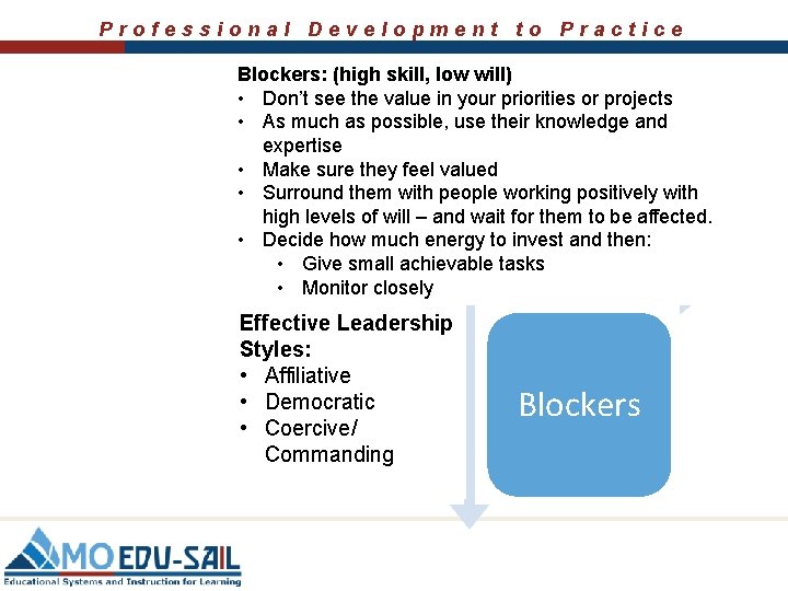 Professional Development to Practice Blockers: (high skill, low will) • Don’t see the value Professional Development to Practice Blockers: (high skill, low will) • Don’t see the value