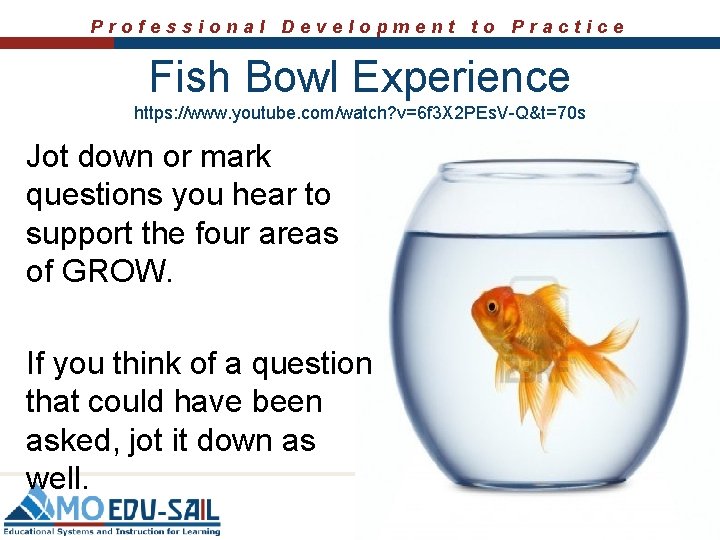Professional Development to Practice Fish Bowl Experience https: //www. youtube. com/watch? v=6 f 3 Professional Development to Practice Fish Bowl Experience https: //www. youtube. com/watch? v=6 f 3
