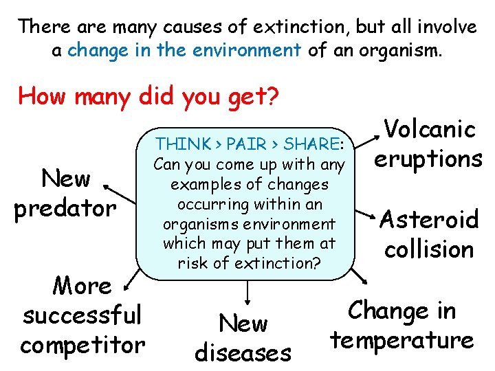 There are many causes of extinction, but all involve a change in the environment