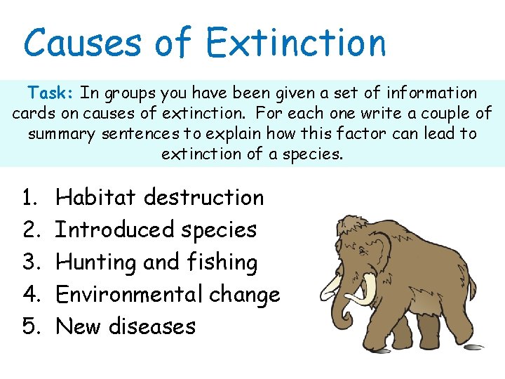 Causes of Extinction Task: In groups you have been given a set of information