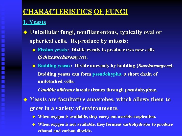 CHARACTERISTICS OF FUNGI 1. Yeasts u Unicellular fungi, nonfilamentous, typically oval or spherical cells.