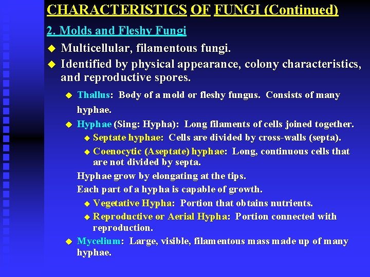 CHARACTERISTICS OF FUNGI (Continued) 2. Molds and Fleshy Fungi u Multicellular, filamentous fungi. u