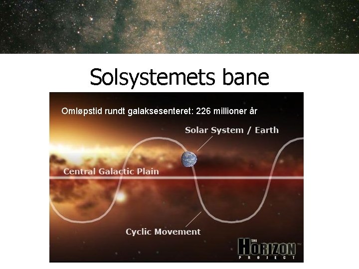Solsystemets bane Omløpstid rundt galaksesenteret: 226 millioner år Solsystemets bane Omløpstid rundt galaksesenteret: 226 millioner år