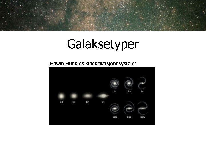 Galaksetyper Edwin Hubbles klassifikasjonssystem: Galaksetyper Edwin Hubbles klassifikasjonssystem: