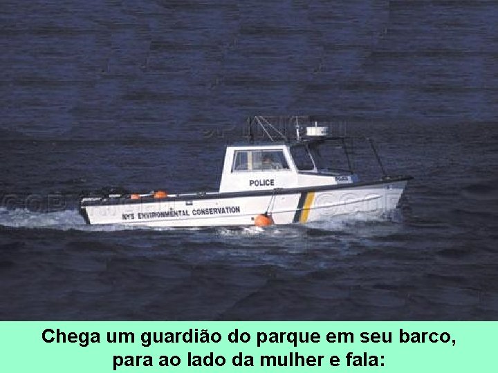 Chega um guardião do parque em seu barco, para ao lado da mulher e