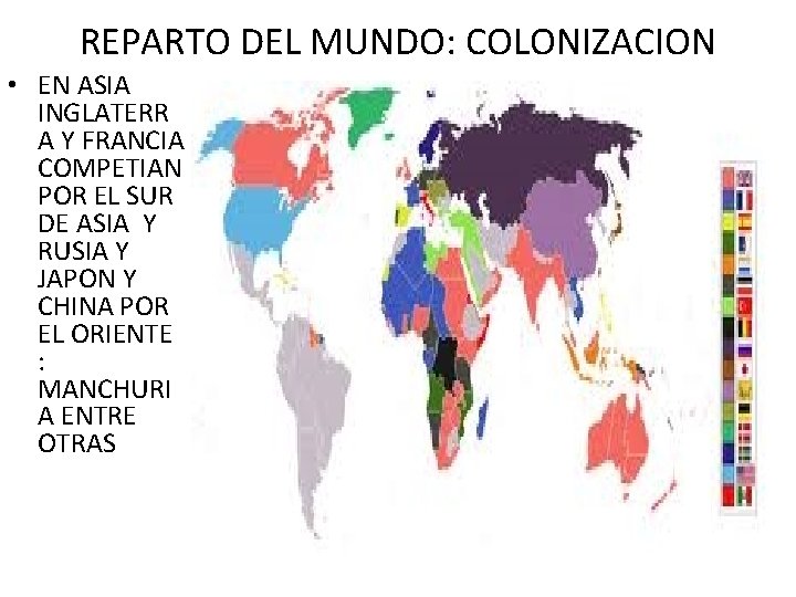 REPARTO DEL MUNDO: COLONIZACION • EN ASIA INGLATERR A Y FRANCIA COMPETIAN POR EL