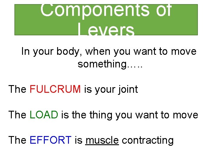 Components of Levers In your body, when you want to move something…. . The