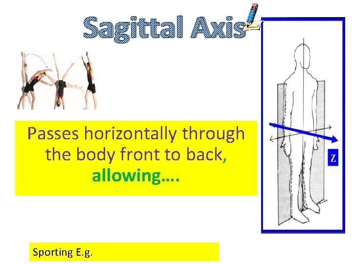 Sagittal Axis Passes horizontally through the body front to back, allowing…. Sporting E. g.