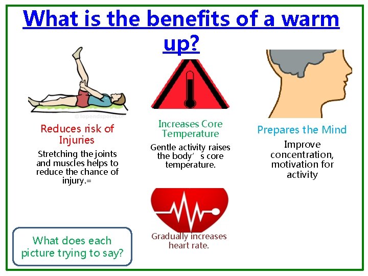 What is the benefits of a warm up? Reduces risk of Injuries Stretching the