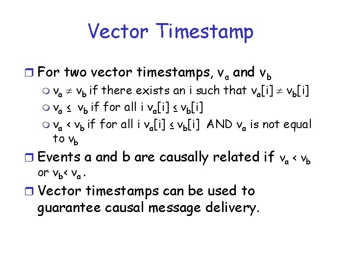 Vector Timestamp r For two vector timestamps, va and vb m va vb if