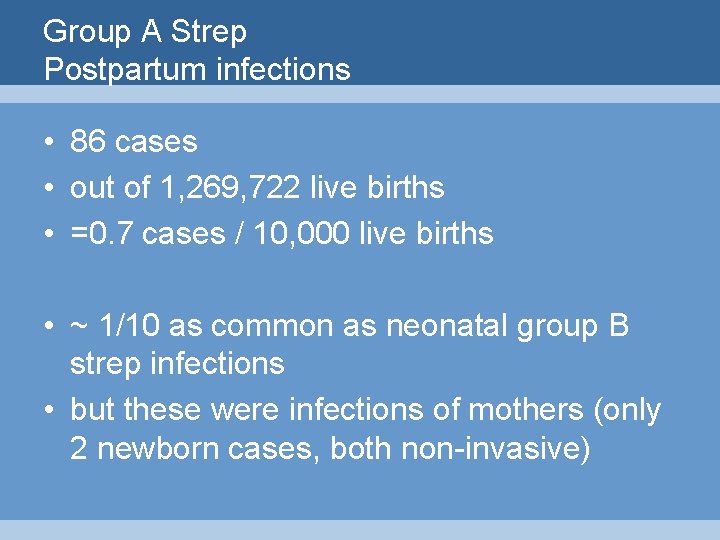 Group A Strep Postpartum infections • 86 cases • out of 1, 269, 722