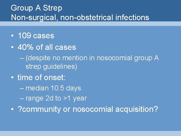 Group A Strep Non-surgical, non-obstetrical infections • 109 cases • 40% of all cases