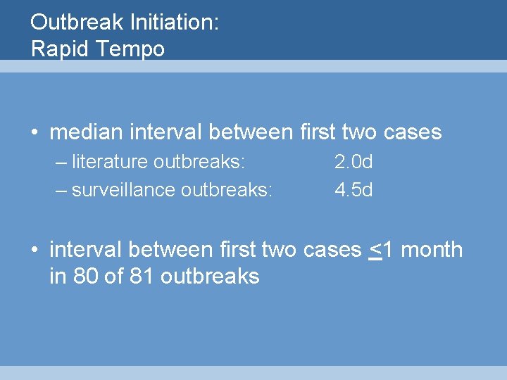 Outbreak Initiation: Rapid Tempo • median interval between first two cases – literature outbreaks: