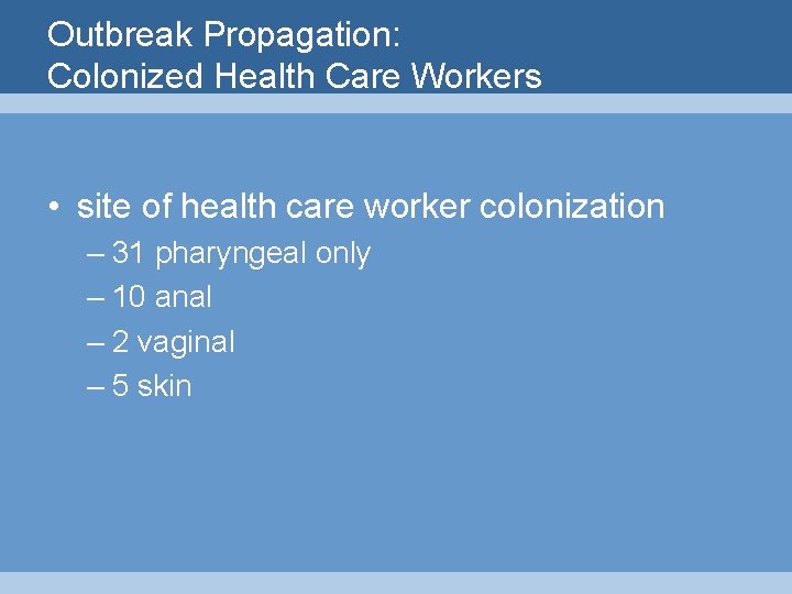 Outbreak Propagation: Colonized Health Care Workers • site of health care worker colonization –