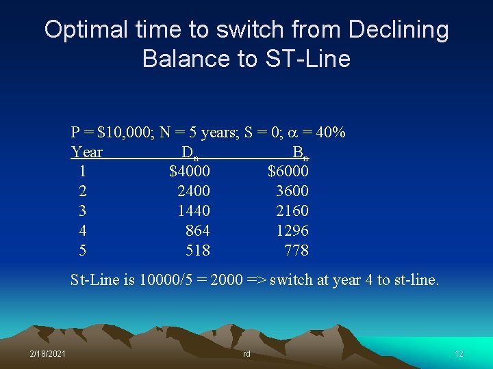 Optimal time to switch from Declining Balance to ST-Line P = $10, 000; N