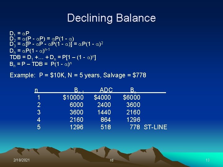 Declining Balance D 1 = P D 2 = (P - P) = P(1