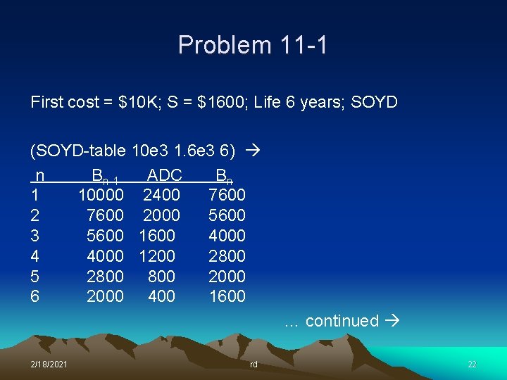 Problem 11 -1 First cost = $10 K; S = $1600; Life 6 years;