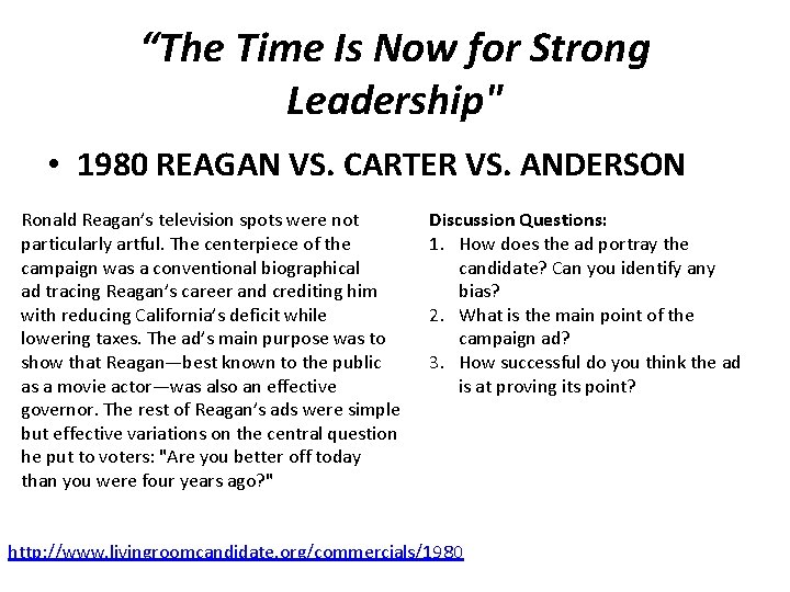 “The Time Is Now for Strong Leadership" • 1980 REAGAN VS. CARTER VS. ANDERSON