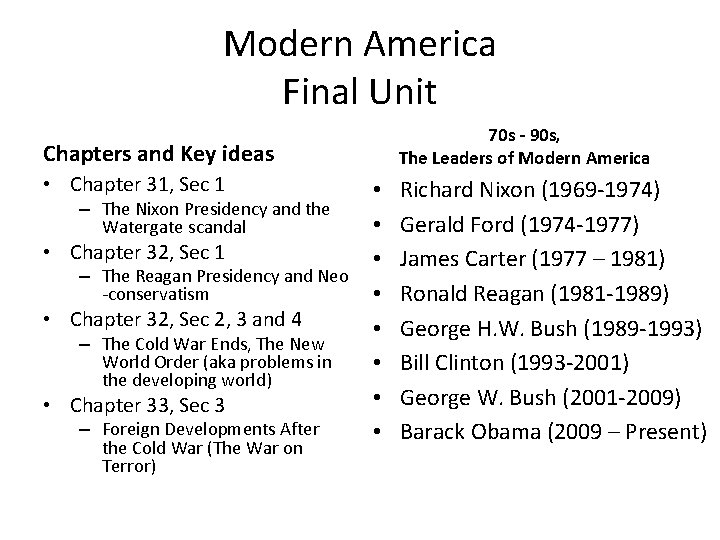 Modern America Final Unit 70 s - 90 s, The Leaders of Modern America