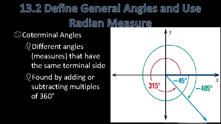13. 2 Define General Angles and Use Radian Measure Coterminal Angles Different angles (measures)
