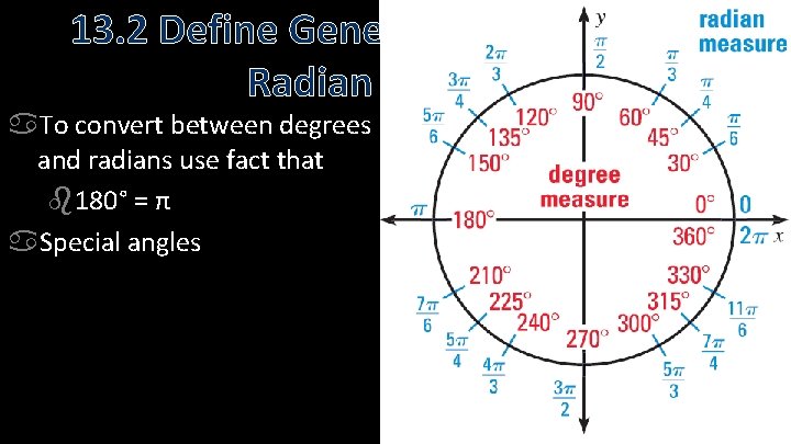 13. 2 Define General Angles and Use Radian Measure To convert between degrees and
