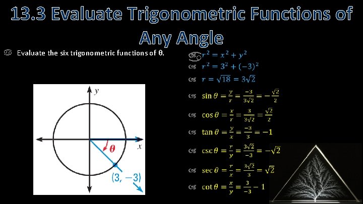 13. 3 Evaluate Trigonometric Functions of Any Angle Evaluate the six trigonometric functions of