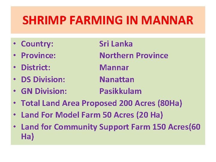 SHRIMP FARMING IN MANNAR • • Country: Sri Lanka Province: Northern Province District: Mannar