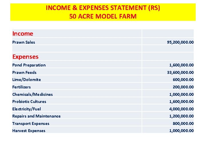 INCOME & EXPENSES STATEMENT (RS) 50 ACRE MODEL FARM Income Prawn Sales 95, 200,