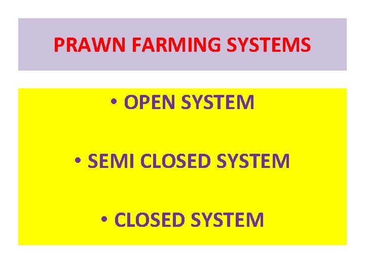 PRAWN FARMING SYSTEMS • OPEN SYSTEM • SEMI CLOSED SYSTEM • CLOSED SYSTEM 