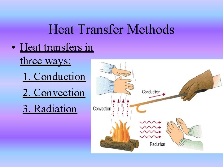 Heat Transfer Methods • Heat transfers in three ways: 1. Conduction 2. Convection 3.