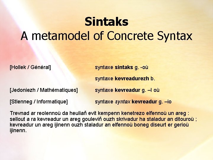 Sintaks A metamodel of Concrete Syntax [Hollek / Général] syntaxe sintaks g. -où syntaxe