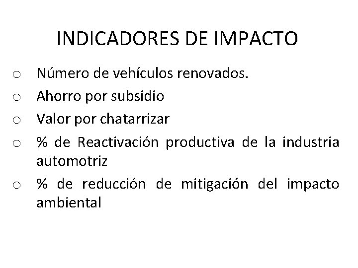INDICADORES DE IMPACTO Número de vehículos renovados. Ahorro por subsidio Valor por chatarrizar % INDICADORES DE IMPACTO Número de vehículos renovados. Ahorro por subsidio Valor por chatarrizar %