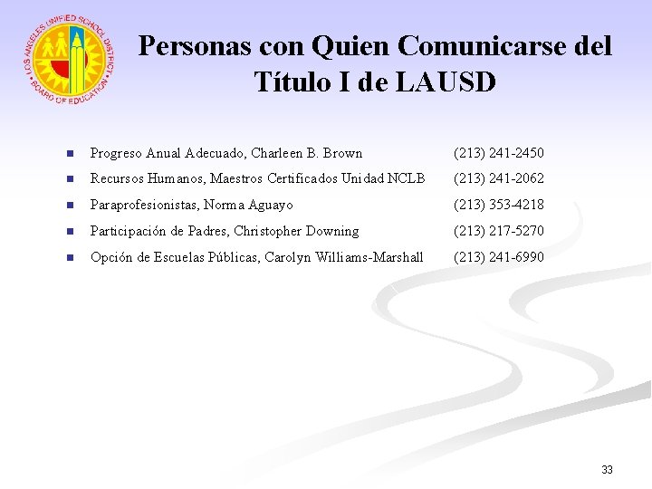 Personas con Quien Comunicarse del Título I de LAUSD n Progreso Anual Adecuado, Charleen