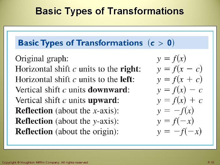 Basic Types of Transformations Copyright © Houghton Mifflin Company. All rights reserved. P-13 