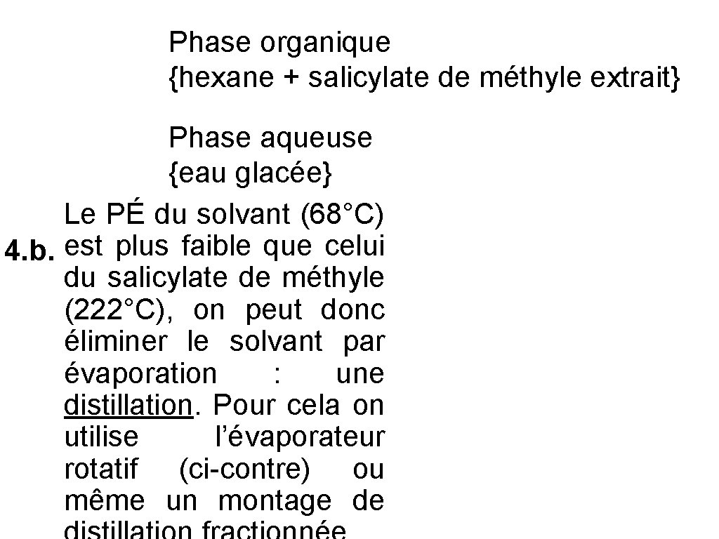 Phase organique {hexane + salicylate de méthyle extrait} Phase aqueuse {eau glacée} Le PÉ