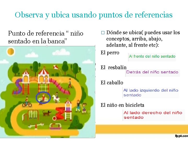 Observa y ubica usando puntos de referencias Punto de referencia “ niño sentado en