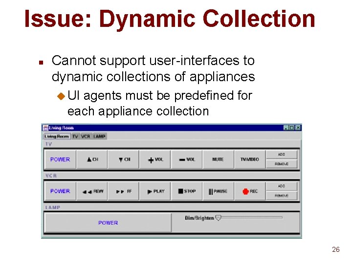 Issue: Dynamic Collection n Cannot support user-interfaces to dynamic collections of appliances u UI Issue: Dynamic Collection n Cannot support user-interfaces to dynamic collections of appliances u UI