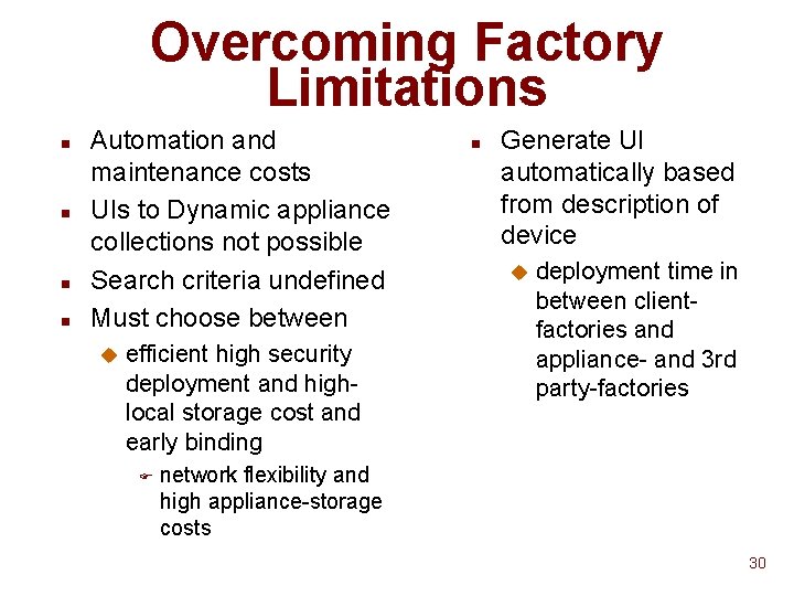 Overcoming Factory Limitations n n Automation and maintenance costs UIs to Dynamic appliance collections Overcoming Factory Limitations n n Automation and maintenance costs UIs to Dynamic appliance collections