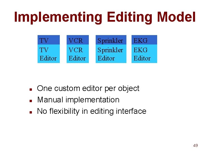 Implementing Editing Model TV TV Editor n n n VCR Editor Sprinkler Editor EKG Implementing Editing Model TV TV Editor n n n VCR Editor Sprinkler Editor EKG