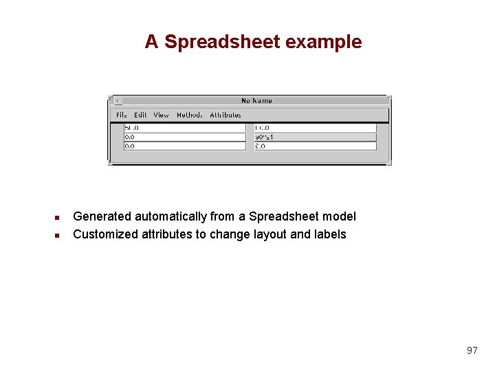 A Spreadsheet example n n Generated automatically from a Spreadsheet model Customized attributes to A Spreadsheet example n n Generated automatically from a Spreadsheet model Customized attributes to