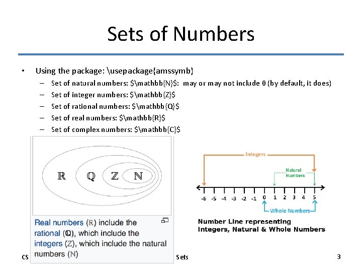 Sets of Numbers • Using the package: usepackage{amssymb} – – – CSCE 235 Set