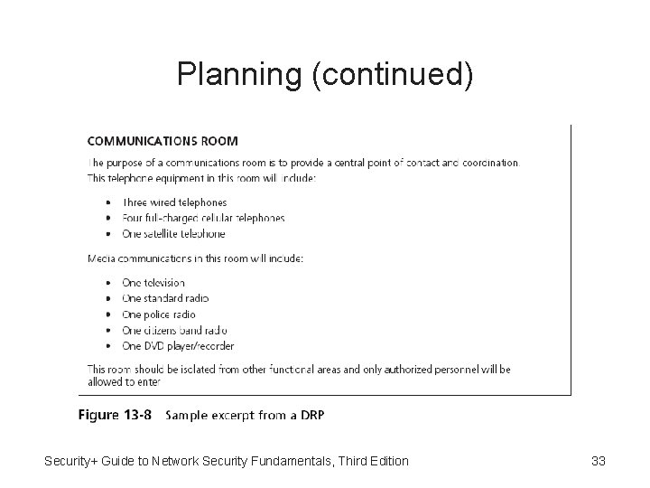 Planning (continued) Security+ Guide to Network Security Fundamentals, Third Edition 33 