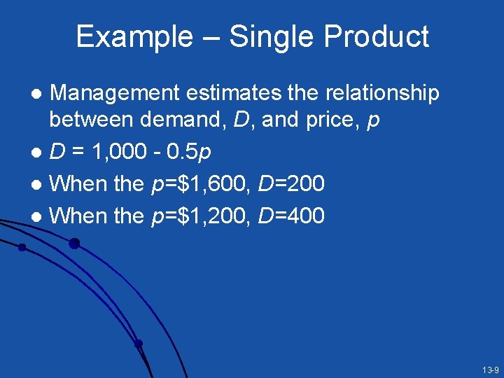 Example – Single Product Management estimates the relationship between demand, D, and price, p
