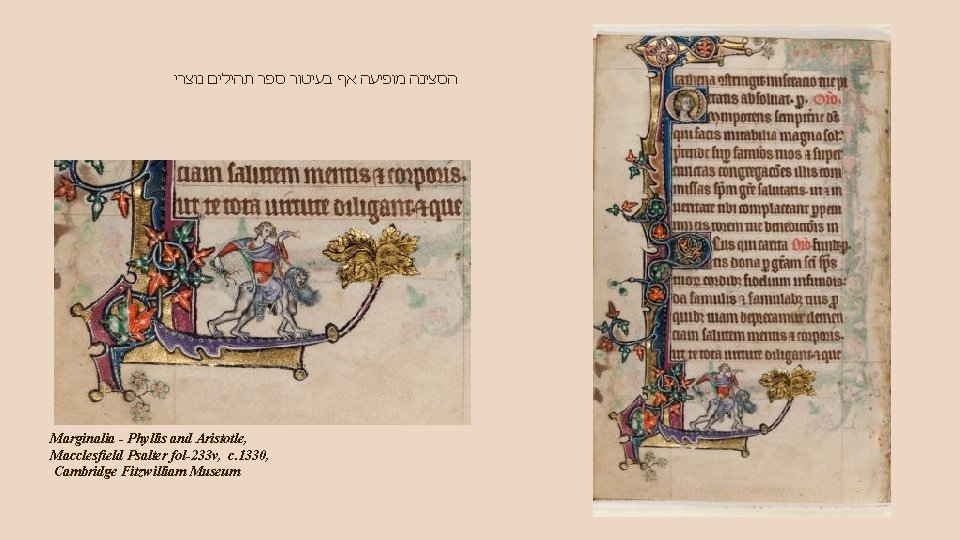  הסצינה מופיעה אף בעיטור ספר תהילים נוצרי Marginalia - Phyllis and Aristotle, Macclesfield