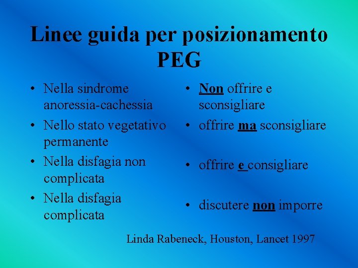 Linee guida per posizionamento PEG • Nella sindrome anoressia-cachessia • Nello stato vegetativo permanente