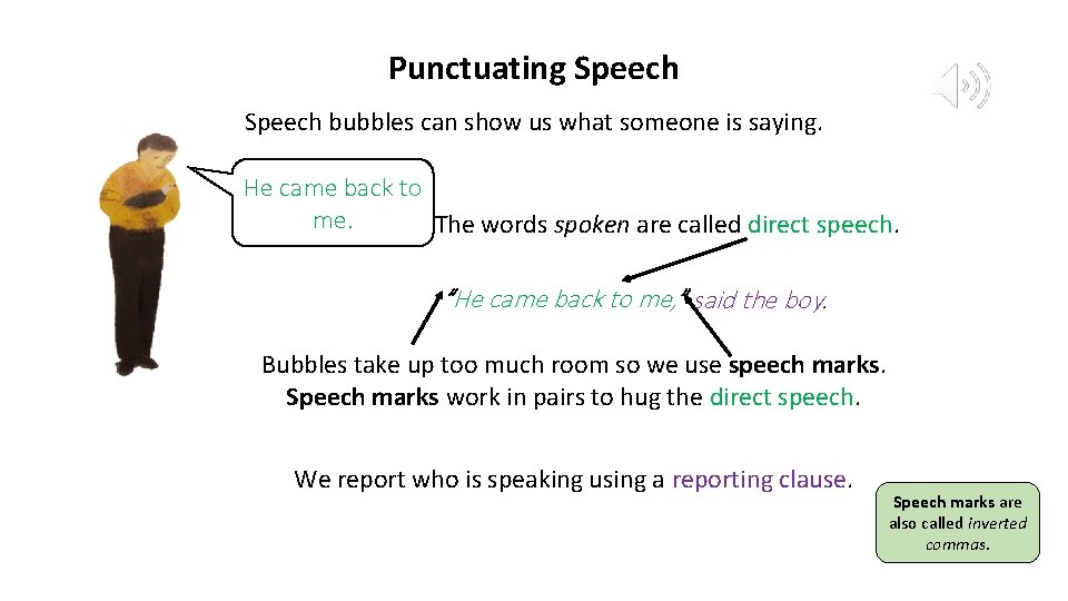 Punctuating Speech bubbles can show us what someone is saying. He came back to
