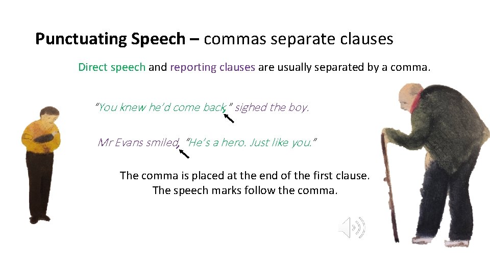 Punctuating Speech – commas separate clauses Direct speech and reporting clauses are usually separated