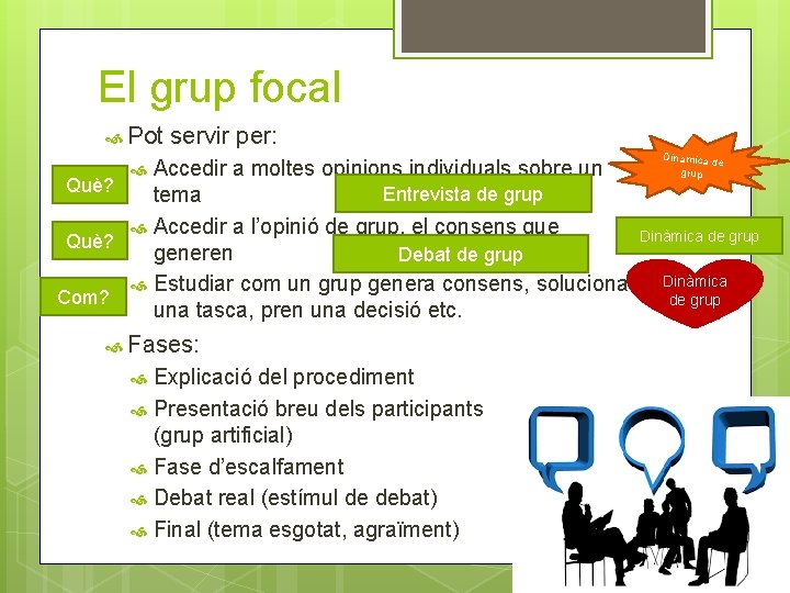 El grup focal Pot servir per: Dinamic a de Accedir a moltes opinions individuals El grup focal Pot servir per: Dinamic a de Accedir a moltes opinions individuals