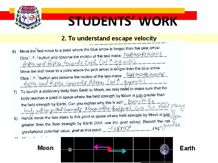 STUDENTS’ WORK 2. To understand escape velocity Moon Earth 