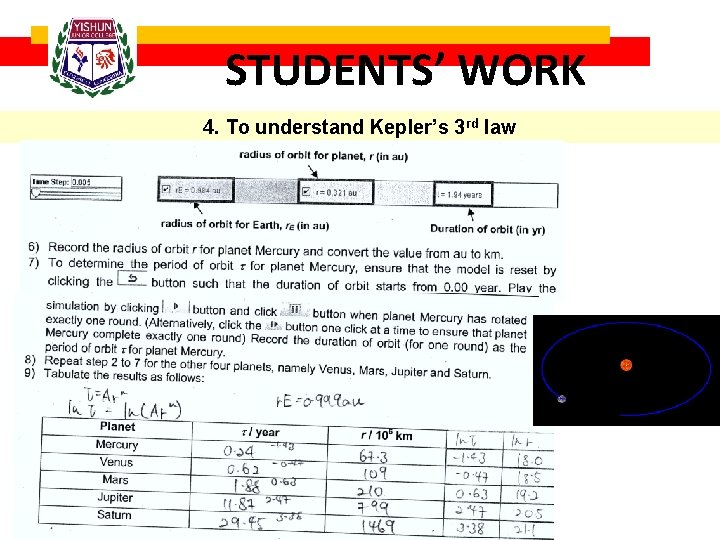 STUDENTS’ WORK 4. To understand Kepler’s 3 rd law 